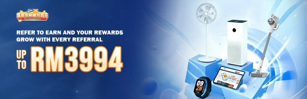 AP33 referral rewards promotion offering up to RM3994 with home appliances and gadgets displayed.
