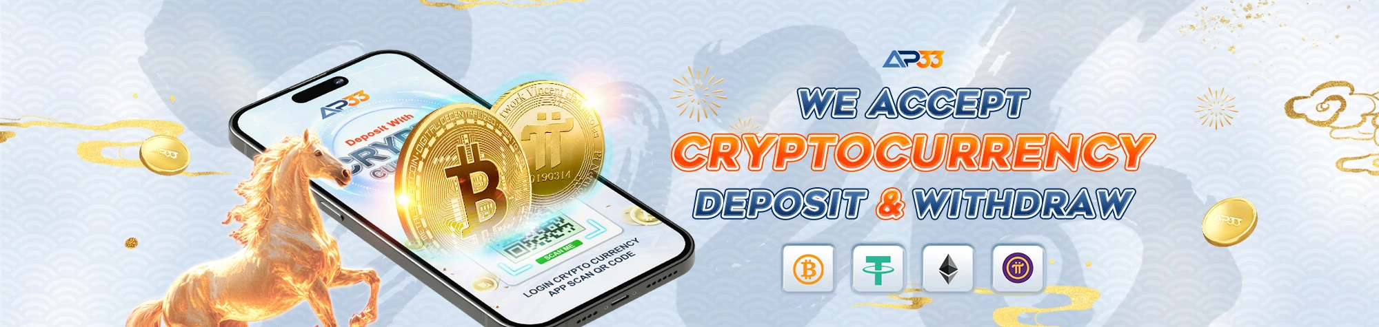 AP33 cryptocurrency deposit and withdraw banner showing Bitcoin, digital coins, and mobile app interface.