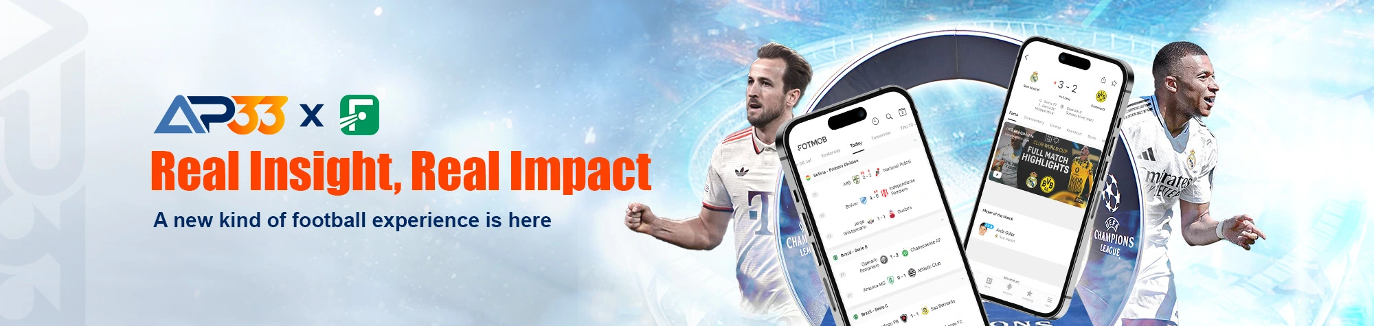 AP33 football insights banner showing mobile app with match stats and professional football players.