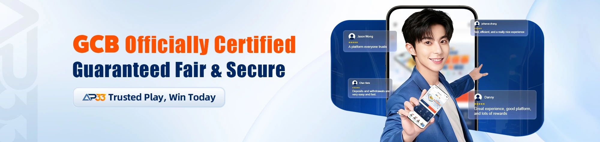 GCB officially certified banner showing AP33 platform as trusted, fair, and secure with user testimonials.