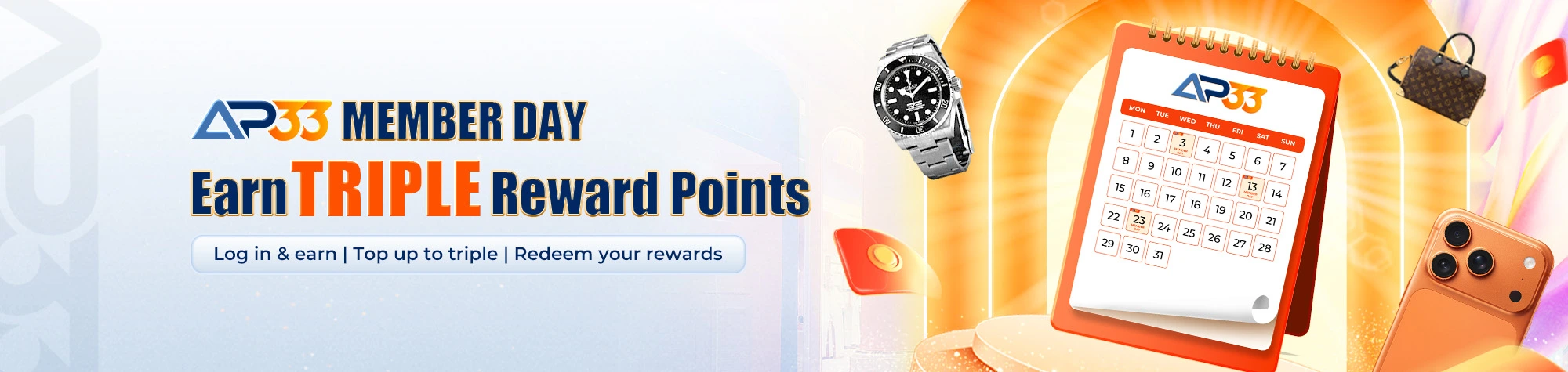 AP33 Member Day promotion banner offering triple reward points with calendar, watch, and smartphone rewards.