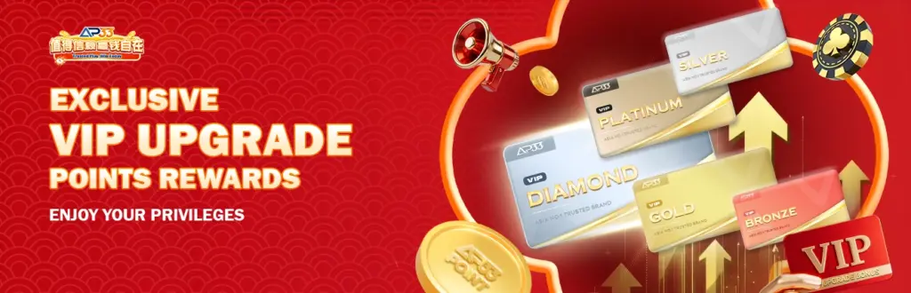 Promotional banner for VIP upgrade rewards featuring tiered membership cards (Bronze, Silver, Gold, Platinum, Diamond), coins, and upward arrows on a red background.